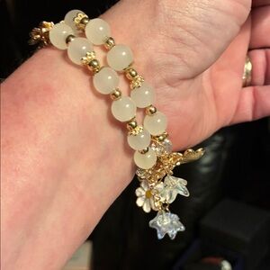 Elegant Gold and Cream Beaded Bracelet two piece set new